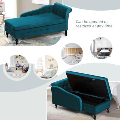 Velvet Chaise Lounge w/Right Armrest & Storage Space, Teal, view 6