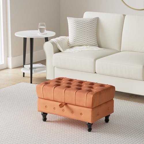 Rectangular Storage Coffee Table Ottoman,Button Tufted Velet Upholstery Footstool Bedroom Ottoman for Living Room, Home Office, Space-Saving Storage Toy Box Stool, Caramel