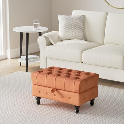 Rectangular Storage Coffee Table Ottoman,Button Tufted Velet Upholstery Footstool Bedroom Ottoman for Living Room, Home Office, Space-Saving Storage Toy Box Stool, Caramel