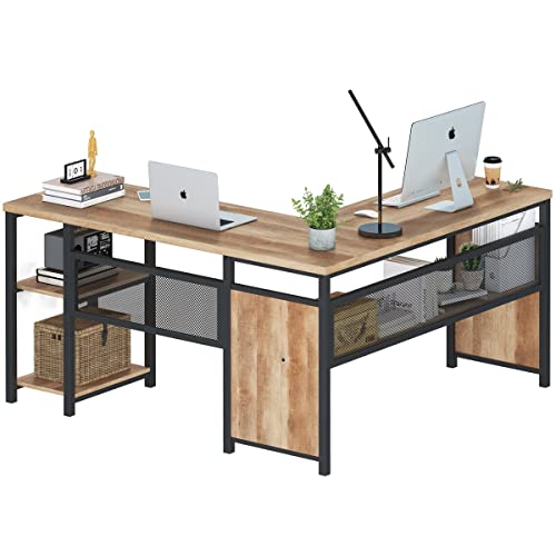 L Shaped Computer Desk with Wood Shelves, Industrial Rustic Home Office Corner Desk with Metal Legs (Rustic Oak, 59 Inch)