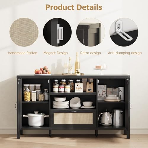 Sideboard Buffet Cabinet with Storage, 59.1" Large Rattan Storage Cabinet with Drawers, Farmhouse Coffee Bar Cabinet for Living Room, Kitchen, Entryway, Black