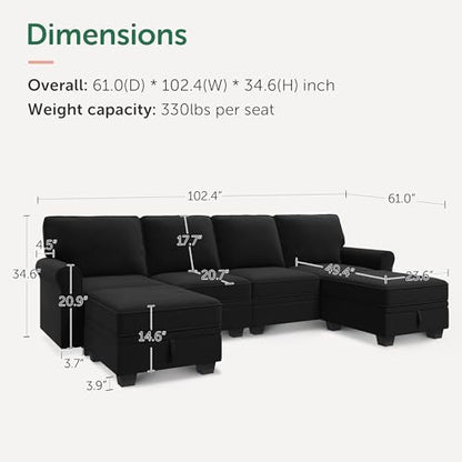 Sectional Sofa with Storage Seat Velvet U Shaped Sectional Couch with Reversible Chaise Convertible Sectional Couches for Living Room,Black