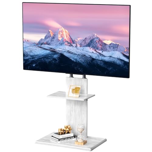 Floor TV Stand for 32-70" TVs, Height Adjustable, Media Shelf | White Furniture-style design with ±15° swivel, Supports up to 99 lbs, sturdy wood base for living room, Max VESA 600×400mm