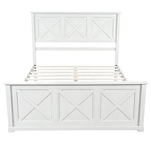 4 Piece Bedroom Set, Rustic Queen Size Bedroom Furniture Sets with Storage Nightstands and 1 Dresser, Bedroom Furniture Sets with Wood Platform Bed Frame for Bedroom, White