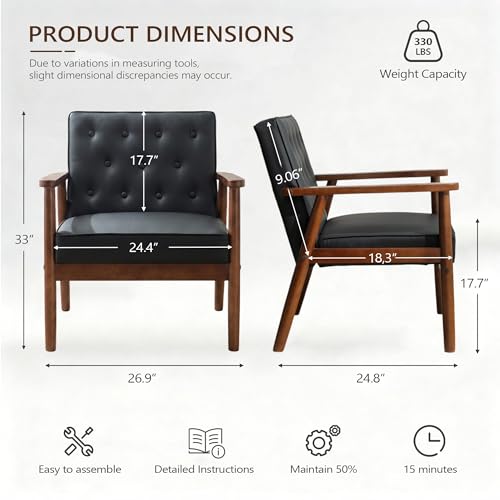 Mid-Century Retro Modern Solid Wood Armrest Black Accent Chairs Set of 2, Faux Leather Arm Chairs for Living Room, Waiting Room Chairs (2, Black)
