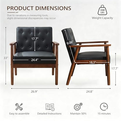 Mid-Century Retro Modern Solid Wood Armrest Black Accent Chairs Set of 2, Faux Leather Arm Chairs for Living Room, Waiting Room Chairs (2, Black)
