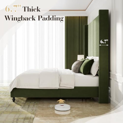 Queen Upholstered Bed Frame with 63" Headboard & Wingback, Green, view 9