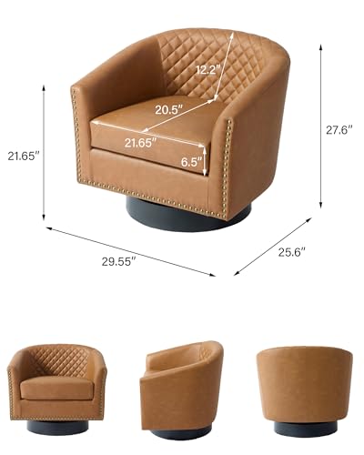 Swivel Barrel Accent Chair, Comfy Modern Upholstered Round Faux Leather Arm Chair for Living Room, Bedroom（Coffee, Set of 2