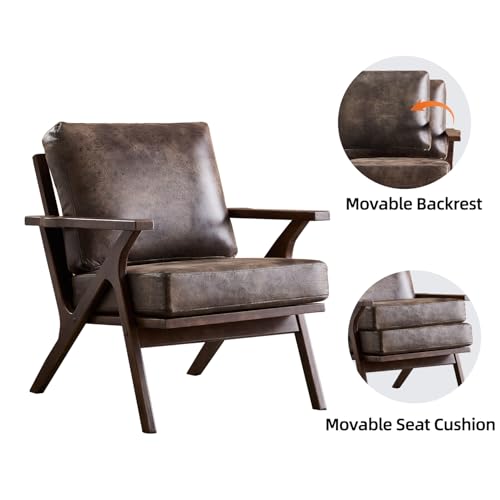 Mid-Century Modern Accent Chair with Wood Frame, PU Leather Living Room Chair and Soft Thick Padded Armchair for Living Room Bedroom Reception with Removable Upholstered Cushions, Dark Grey
