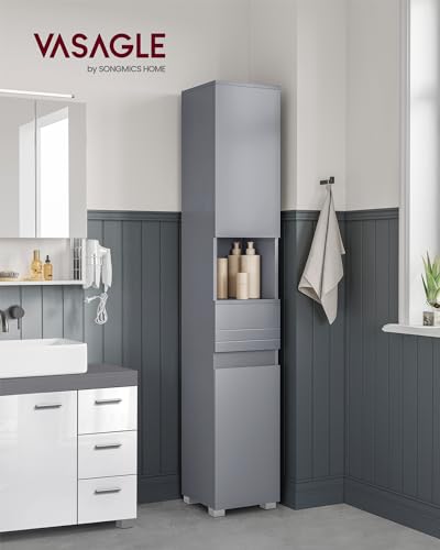 VASAGLE Tall Storage Cabinet, Slim Freestanding Storage Cabinet with a Drawer, Adjustable Shelves, Open Compartment, for Small Spaces, Bathroom, Mystic Gray UBBC560P36