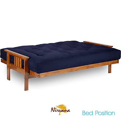 Stanford Futon Set - Full Size Futon Frame with Mattress Included (8 Inch Thick Mattress, Twill Navy Blue Color), Heavy Duty Wood, Popular Sofa Bed Choice