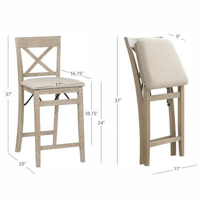 Triena X Back Neutral Greywash Wooden Fully Assembled Folding 24 Inch Seat Height Counter Stool with Beige Upholstered Seat