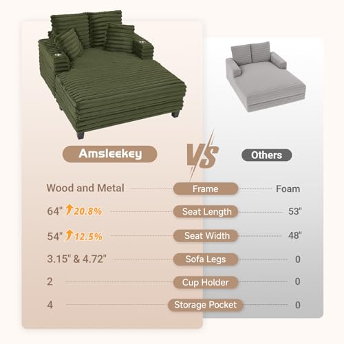 64" Oversized Chaise Lounge Chair with Wood Frame, 2 Cup Holders, view 4