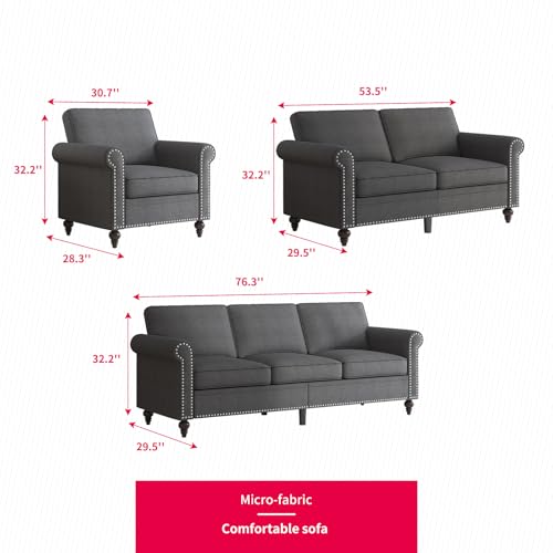 3PCS Sofa Set for Living Room,Modern Linen Couch Set with Nailhead Trim Design, Living Room Furniture Set for Office,Apartment, Home(Sofa & Loveseat & Chair/Dark Grey)