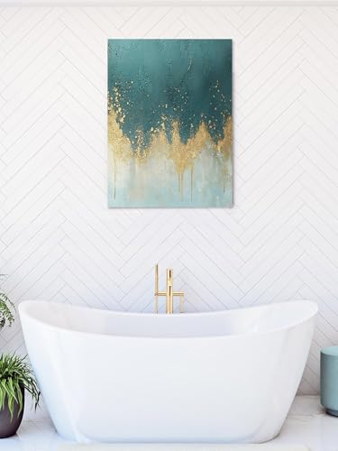 NuYeBiofx Abstract Teal Light Blue Color Block Canvas Wall Art Prints,48"x32" Framed Picture Artwork Modern Gold Splicing Art Printed Canvas Oil Painting for Living Room Bedroom Office,Ready to Hang