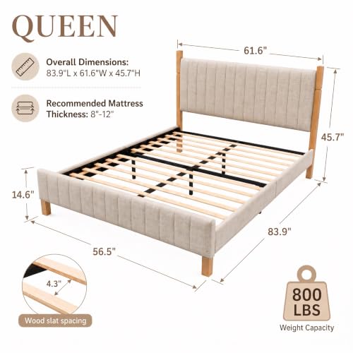 Solid Wood Queen Bed Frame with Upholstered Headboard, Beige, view 3