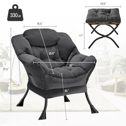 Lazy Chair with Folding Ottoman Modern Large Accent Chair,Contemporary Lounge Leisure Sofa Chair with Armrests Upholstered Sofa Armchair Reading Chair for Bedroom,Dorm & Office (Dark Grey-f)