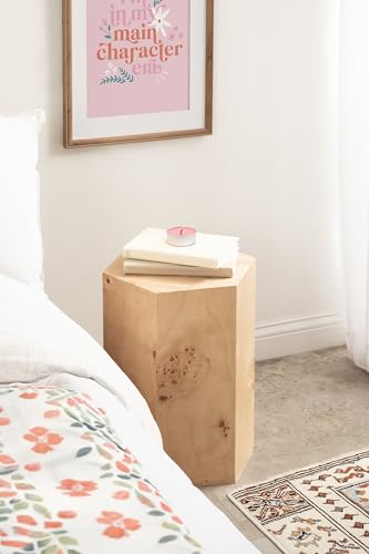 Berkett Hexagon Burlwood Side Table, 14 x 12 x 19, Natural Wood, Transitional End Table for Use as Burlwood Nightstand, Living Room Pedestal Table, or Dorm Room Vanity Stool
