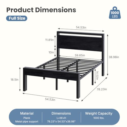 14 Inch Full Size Bed Frame with Wood Headboard, Black, view 3