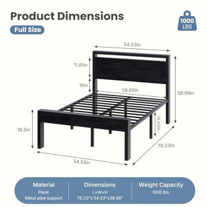 14 Inch Full Size Bed Frame with Wood Headboard, Black, view 3