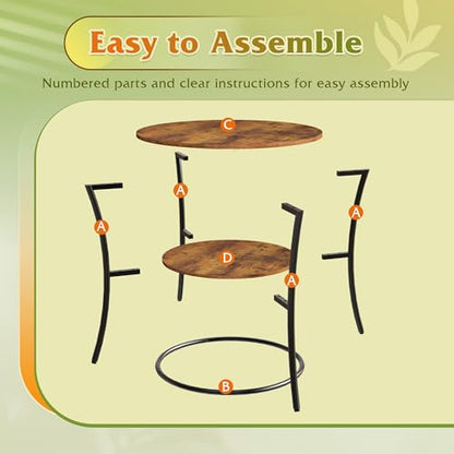 Side Table, Round End Table with 2 Storage Shelves for Living Room, Bedroom, Nightstand with Steel Frame for Small Spaces, Accent Coffee Table, Rustic Brown