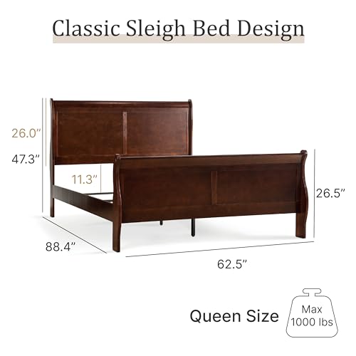 Louis Philippe Traditional Solid Wood 3 Piece Bedroom Set, Queen Bed Frame and Nightstands Set of 2, Sleigh Design Bedframe with Headboard and Footboard, Box Spring Needed, Cherry