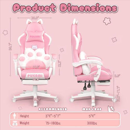 Pink Gaming Chair Cute with Cat Ears and Cat Paw Lumbar Cushion, Ergonomic Computer Chair for Girl with Footrest and Headrest, Comfortable Reclining PC Game Chair for Adult, Teen (Pink)