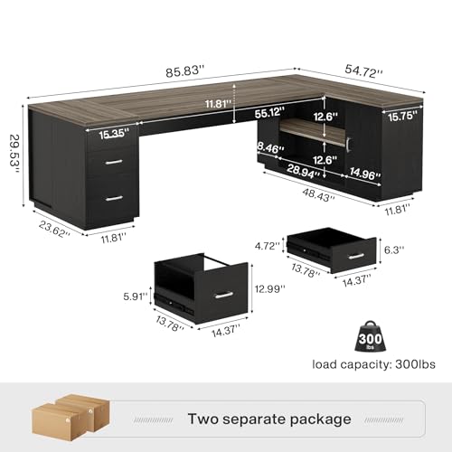 Tribesigns 85.8-Inch L-Shaped Executive Desk, Extra Large Modern Office Desk with File Drawers, Door Cabinet & Shelves, Commercial Office Table, Home Business Workstation, Grey & Black