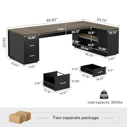 Tribesigns 85.8-Inch L-Shaped Executive Desk, Extra Large Modern Office Desk with File Drawers, Door Cabinet & Shelves, Commercial Office Table, Home Business Workstation, Grey & Black