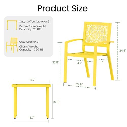 3 Piece Patio Bistro Set, Outdoor Steel Furniture Set, Stackable Modern Conversation Sets for Balcony Garden Deck Patio w/2 Chairs 1 Table, Yellow