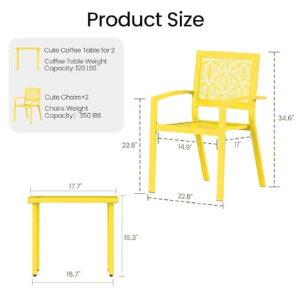 3 Piece Patio Bistro Set, Outdoor Steel Furniture Set, Stackable Modern Conversation Sets for Balcony Garden Deck Patio w/2 Chairs 1 Table, Yellow