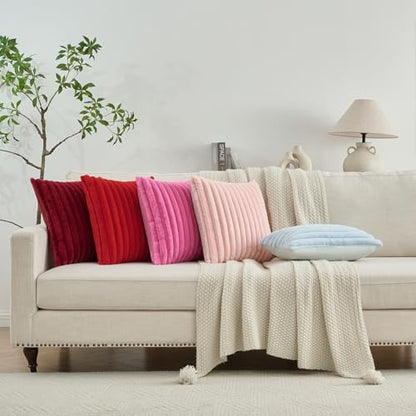 Pack of 2 Fluffy Faux Fur Throw Pillow Covers 20x20 Inch Elegant Striped Textured Decorative Cushion Cases Modern Accent Pillow for Couch Bed Living Room, Rust