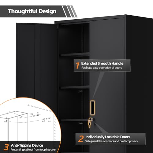 Metal Garage Storage Cabinet with 2 Doors and 5 Adjustable Shelves, 71" Tall Steel Lockable File Cabinet, Locking Tool Cabinets for Home Office Garage Gym School (Black)