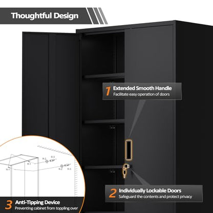 Metal Garage Storage Cabinet with 2 Doors and 5 Adjustable Shelves, 71" Tall Steel Lockable File Cabinet, Locking Tool Cabinets for Home Office Garage Gym School (Black)