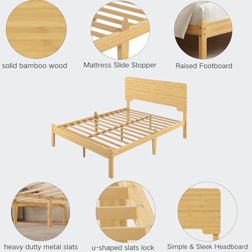 14" Solid Bamboo Wood Queen Bed Frame with Headboard, Natural, view 4