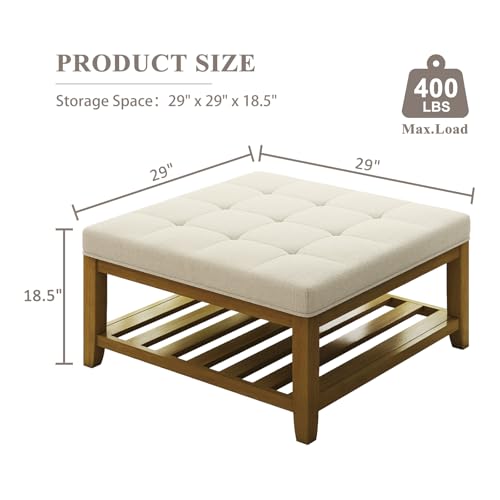 Large Square Ottoman Coffee Table, Linen Solid Upholstered Footrest Ottoman with Solid Wood Shelf Storage Tufted Coffee Table for Bedroom Living Room, Ivory