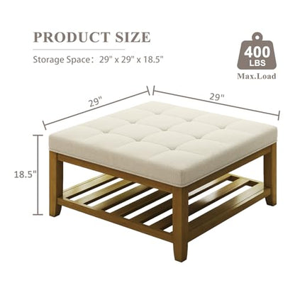 Large Square Ottoman Coffee Table, Linen Solid Upholstered Footrest Ottoman with Solid Wood Shelf Storage Tufted Coffee Table for Bedroom Living Room, Ivory