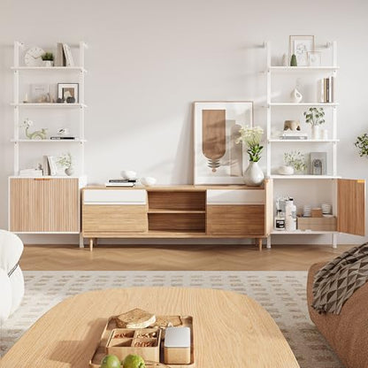 74" Tall Bookshelf with Storage Cabinet, Modern Ladder Shelf with Wood and Metal Frame, Wall Mount Bookcase Open Display Shelf Furniture for Living Room, Bedroom, Home Office, White and Oak