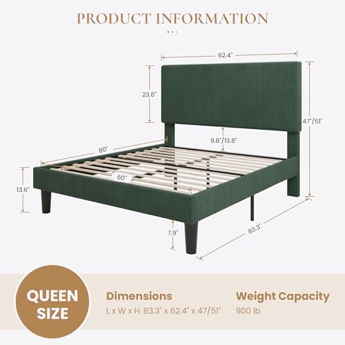 Queen Platform Bed, Adjustable Tufted Corduroy Headboard, Green, view 3