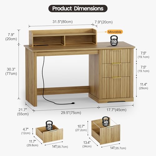 Computer Desk with Monitor Stand, 47 inch Home Office Desk with RGB LED Lights and Power Outlets, Writing Desk with Storage File Drawer for Working Gaming Writing, Wood