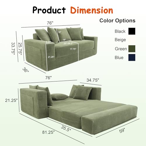76" Convertible Sofa Bed, 2-in-1 Boneless Sleeper Sofa with Cup Holder & Pocket, Corduroy Pull Out Couch with 5 Pillows, Couch Bed for Living Room, Small Spaces, Bedroom, No Assembly