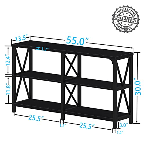 Black Console Table, Modern Sofa Table Behind Couch, Industrial Entryway Table for Hallway Living Room, Farmhouse Wooden Metal Entry Table for Foyer with 3-Tier Storage Shelves, Black Oak, 55 Inch