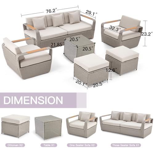 Patio Furniture Set, Oversized 7-Seat Outdoor Sectional with Ottoman and Coffee Table, Wicker Rattan Patio Sofa Set with 5" Thick Removable Cushions for Garden, Porch, Backyard, Light Gray