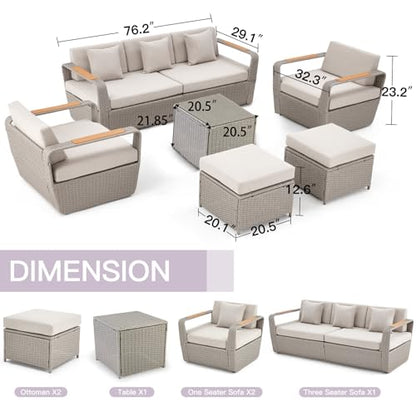 Patio Furniture Set, Oversized 7-Seat Outdoor Sectional with Ottoman and Coffee Table, Wicker Rattan Patio Sofa Set with 5" Thick Removable Cushions for Garden, Porch, Backyard, Light Gray