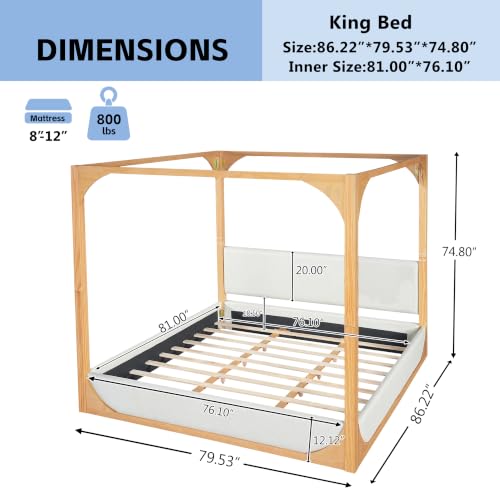 King Size Upholstered Canopy Bed with Light Grey Fabric Headboard&Side Rail, view 3