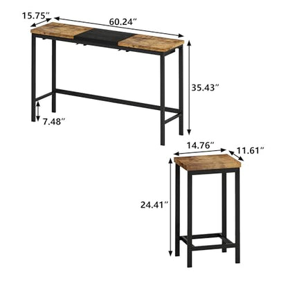 4-Piece Dining Table Set, 60.2" L Wood Dining Table with 3 Stools and Metal Frame for Kitchen Dining Room, Convenient Hanging Stool Design, Natural+Black