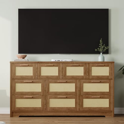 10 Drawer Dresser for Bedroom, 59 in Farmhouse Rattan Dressers & Chests of Drawers, Wooden Storage Organizer with Anti-Tipping Device for Living Room, Hallway, Entryway, Natural