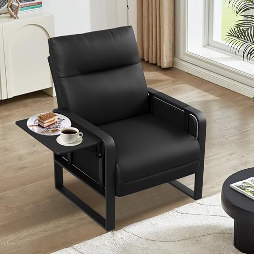 Black Accent Chair PU Leather Upholstered Armchair with Side Table | Modern Ergonomic Accent Chair for Living Room Bedroom Reading Chair with Side Pocket Corner Chair Office Reception Side Chair