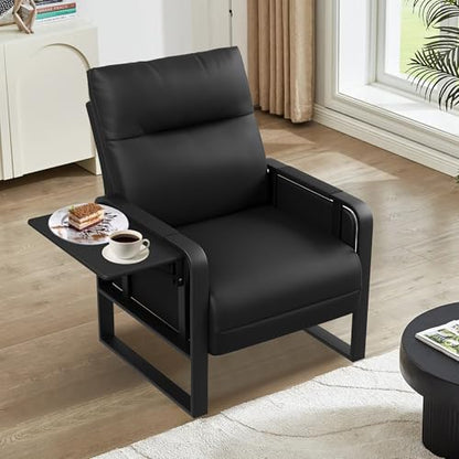Black Accent Chair PU Leather Upholstered Armchair with Side Table | Modern Ergonomic Accent Chair for Living Room Bedroom Reading Chair with Side Pocket Corner Chair Office Reception Side Chair