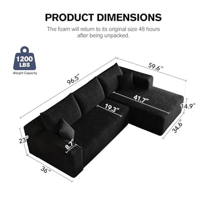 96.5" L-Shape Boneless Modular Sectional Cloud Couch in a Box with Chaise Modern Comfy Corduroy couches for Living Room-Memory Foam Compressed Sofa,No Assembly Required(Black)